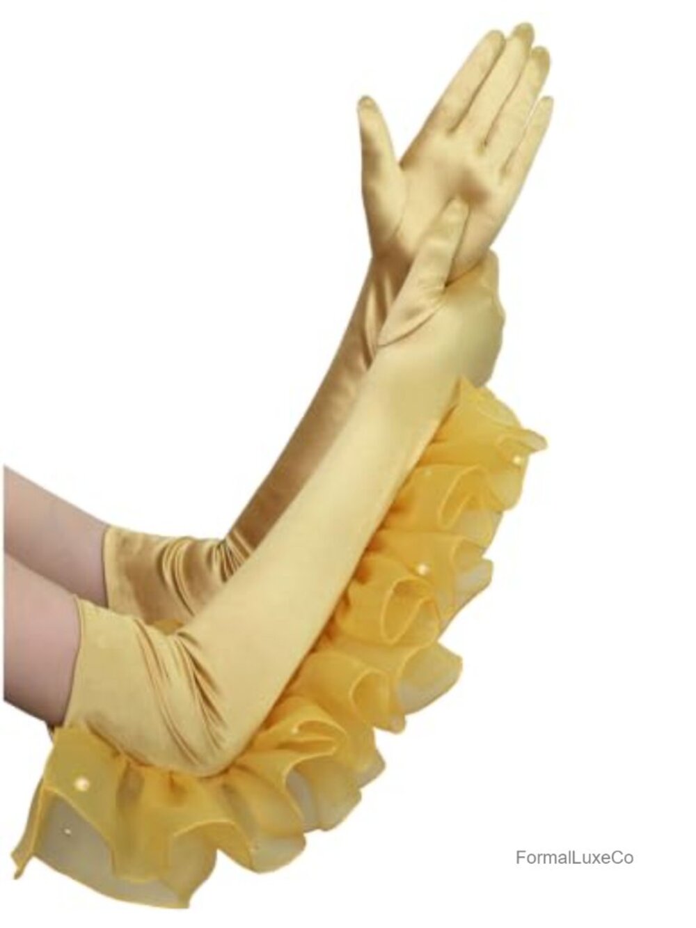 Long Satin Opera Gloves Side Ruffles Pearl Bead Cuff Bridal Party